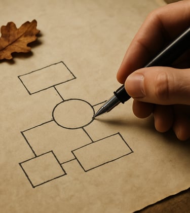 Close-up of a hand with a fountain pen sketching a diagram on a parchment paper page. A small oak leaf rests on the corner of the paper. Professional, focused, and academic atmosphere.