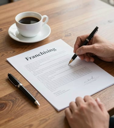 A bright, clean-cut photo of a franchising agreement being signed on a heavy wooden desk. Beside it is a high-end fountain pen and a cup of black coffee. Professional North American business aesthetic.
