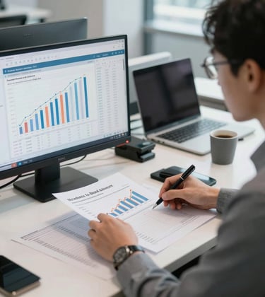 A professional financial analyst in a North American office environment working on complex growth spreadsheets. The setting is modern and professional, with a focus on strategic planning and data-driven management.