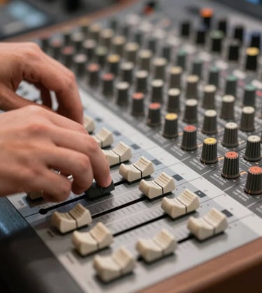 A close-up shot of a music producer's hands adjusting faders on a high-end mixing console, with espresso brown wood details and soft cream lighting.
