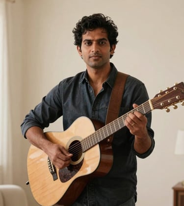 A professional portrait of an Indian solo artist holding a guitar, standing in a brightly lit studio with soft cream walls and warm champagne lighting.
