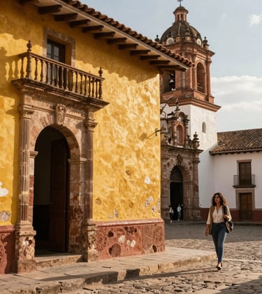 Detailed photography of traditional South American colonial architecture in a sun-drenched town square, featuring vibrant textures and warm gold tones. A sophisticated woman traveler explores the area in the background.