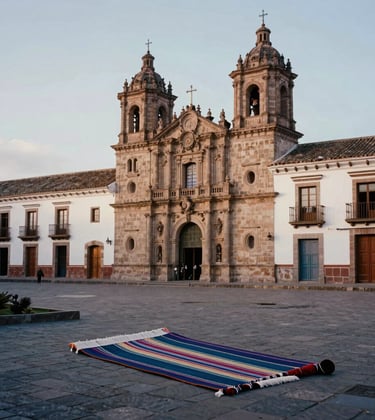 South American photography focusing on local cultural textures, such as artisanal weaving and architectural details of a colonial town square, in soft daylight.