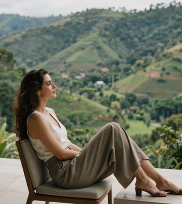 Elegant lifestyle photography of a woman relaxed on a terrace overlooking a lush South American valley, focusing on the peaceful atmosphere and sophisticated attire.