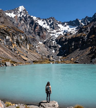 Breathtaking wide-angle shot of a South American mountain range with a clear turquoise lagoon. A solo woman traveler stands in the distance, emphasizing scale and empowerment in a wild, clean landscape.