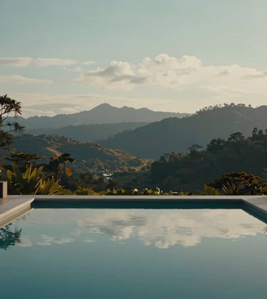 A serene luxury spa retreat in a South American mountain setting, featuring a minimalist pool reflecting the soft muted teal sky. The atmosphere is calm, inviting, and sophisticated.