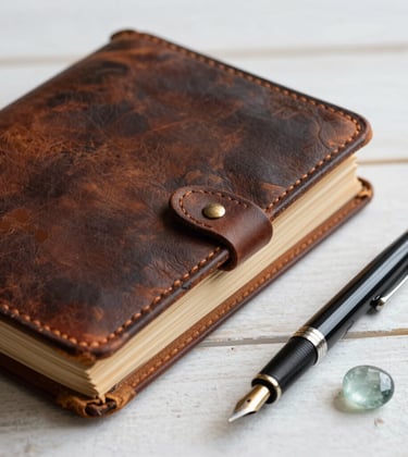 A close-up photograph of a weathered, leather-bound logbook open on a warm white wooden surface. A fountain pen and a small piece of sea glass sit nearby. The style is artistic and seasoned, highlighting craftsmanship and the North American / Coastal aesthetic.
