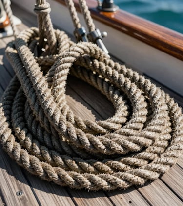 A close-up photograph of thick, weathered nautical ropes coiled on the deck of a wooden sailboat. The North American coastal sunlight catches the fibers of the rope, emphasizing texture and a sense of maritime adventure.