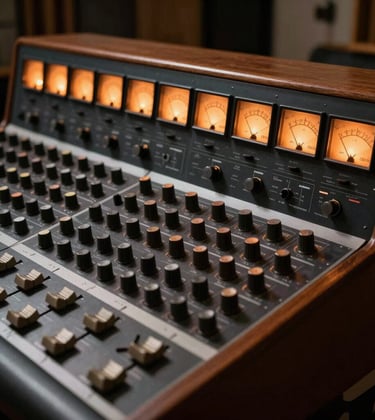 A detailed shot of a vintage analog recording console in a dim studio. Warm orange lights from the VU meters glow against the dark metal and wood paneling, suggesting a space of musical creation and history.