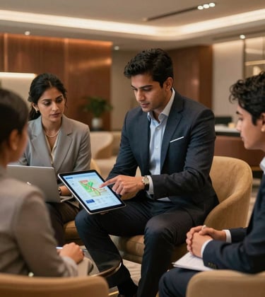 Medium-shot professional photograph of a corporate team collaborating in a sleek South Asian executive lounge. One executive, wearing a deep slate blazer, is pointing to travel plans on a modern tablet screen. High-end interior design with warm corporate bronze accents, soft warm sand furniture, and professional, reliable, and sophisticated lighting.