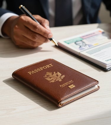 Close-up professional photograph of an elegant leather folder on an off-white wooden desk, displaying official corporate passport books and neatly organized visa documents. Warm bronze sunlight streams across the scene. In the background, a South Asian professional in corporate attire is partially visible, holding an elegant pen. Trustworthy, sophisticated, and meticulous composition.