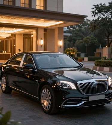 A premium black corporate sedan waiting outside a luxury hotel in India at twilight, with warm lights from the lobby reflecting on the car's polished surface, expressing executive chauffeur services.