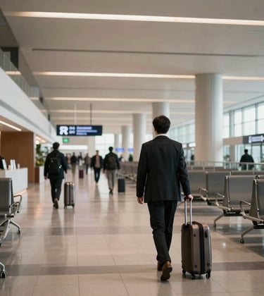 An upscale modern airport terminal interior with passenger walkways, premium corporate traveler walking with high-end luggage, warm interior light, clean architectural lines, sophisticated corporate travel theme, realistic photography.