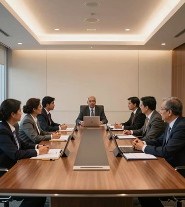 A sophisticated corporate conference room in an Indian business center with executive seating, sleek wooden tables, and warm soft ambient lighting, clean and professional, editorial photography.