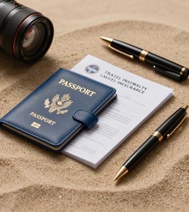 Professional studio photograph of high-end corporate travel essentials. A sleek blue leather passport holder, official travel insurance policy documents, and an elegant pen rest on a soft warm sand surface. Warm corporate bronze lighting highlights the premium textures, projecting elite reliability and meticulous attention to corporate logistics.