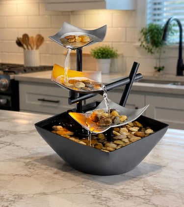 Modern 3-tier tabletop water fountain with river stones on a white marble kitchen countertop.
