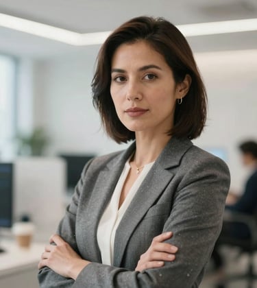A portrait of a confident professional woman in a contemporary tech environment. Shallow depth of field with soft pearl white lighting and a sophisticated, innovative atmosphere. North American / Global Professional style.