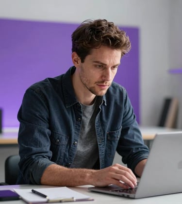 A professional man with a focused expression working in a minimalist creative studio. Soft lighting with vibrant purple accents in the background, North American / Global Professional attire, high-quality photography, clean and results-driven mood.