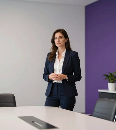 A confident professional presenting in a sleek, tech-focused boardroom. Soft pearl white and deep royal purple tones in the room, cinematic lighting, North American / Global Professional context, capturing a moment of leadership and career success.