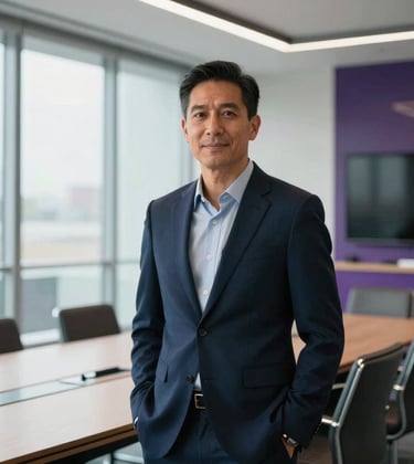 A confident North American / Global Professional stands in a bright, modern glass-walled conference room. The lighting is crisp and natural, with deep navy and purple accents in the interior design.