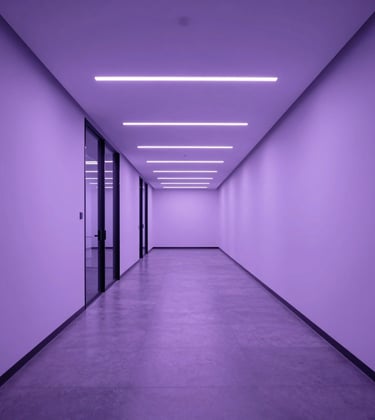 A minimalist, wide shot of a futuristic office hallway with soft purple LED lighting, representing a clear career path and professional journey for a North American / Global Professional.