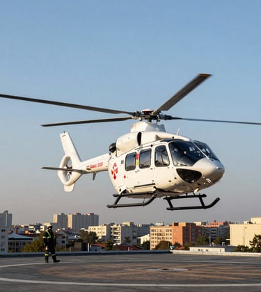 Photography of a medical rescue helicopter landing on a rooftop heliport during a clear morning in Bucharest. The city skyline is visible in the background. The scene conveys urgency, professionalism, and life-saving technology.