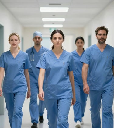A professional medical team in Romanian scrubs walking with purpose through a brightly lit, modern hospital corridor. The composition is dynamic, showing teamwork and confidence. Style is high-end architectural and portrait photography.