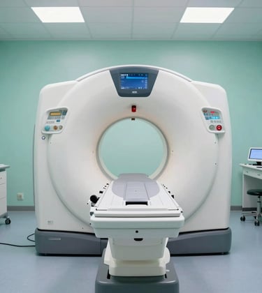 Interior shot of a state-of-the-art diagnostic room with an advanced MRI machine. Professional lighting with mint green and soft blue accents. Central European / Romanian medical facility.