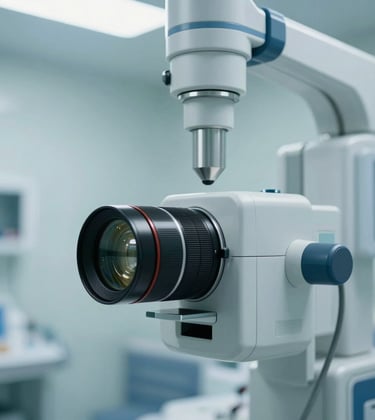 Close-up photography of state-of-the-art medical equipment in a bright, modern emergency room. The lighting is clean and sterile, using a palette of soft blues and greyish blue tones. Central European medical facility context.