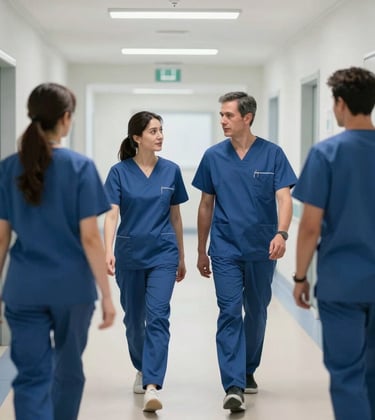 Clean, brightly lit photography of a sterile hospital corridor with professional medical staff in deep blue scrubs walking and discussing. Modern architectural details. Central European / Romanian professional setting.