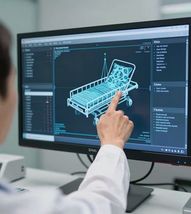 Close-up of a doctor's hand pointing at a digital blueprint of a medical ward on a large monitor in a high-tech conference room. Professional lighting. Central European / Romanian setting.