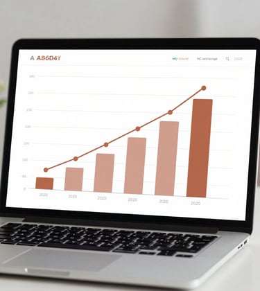 A financial bar chart displayed on a sleek laptop screen, showing significant revenue growth, with aesthetic terracotta (#A86D4E) highlights.