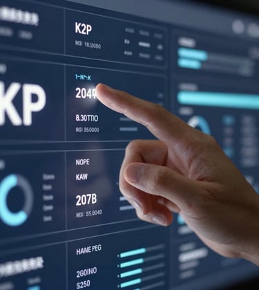 Close-up of a hand interacting with a high-tech data interface showing KPI metrics, emphasizing a data-driven approach, in navy (#1A2C3E) and white.