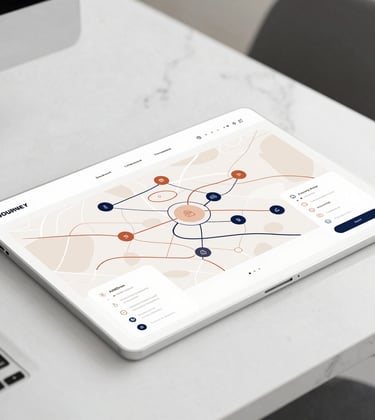 A clean, minimalist journey map layout on a white marble desk, featuring subtle terracotta (#A86D4E) and navy (#1A2C3E) lines and icons, professional aesthetic.