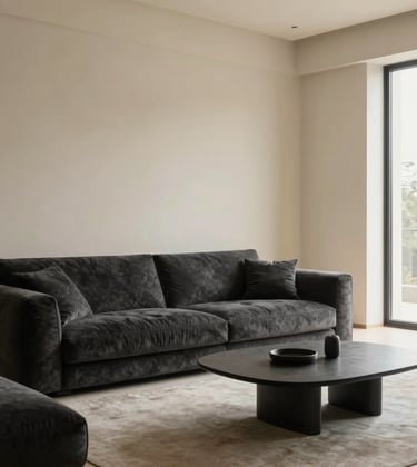 A minimalist and elegant residential living room featuring a plush charcoal sofa, soft cream-colored walls, and a statement designer coffee table. International luxury setting, warm natural lighting from a nearby window, professional high-end photography.