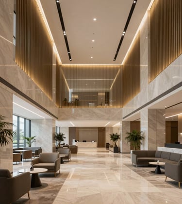A professional and modern commercial office lobby with high-end architectural lines, soft gold lighting fixtures, and sophisticated seating areas in neutral beige and charcoal. High-end international aesthetic.