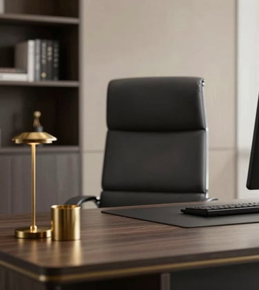 Close-up of a modern, professional office interior with charcoal furniture, soft beige walls, and elegant brass desk accessories. International / High-end workspace design.