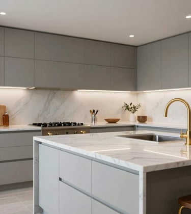 A high-end property staging scene featuring an open-plan kitchen with white marble countertops and soft gold hardware. International / High-end lifestyle imagery.