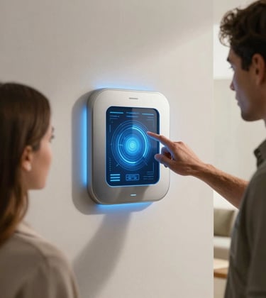 A lifestyle shot of two people interacting with a futuristic, wall-mounted touch panel. The interface is glowing with steel blue light in a modern, off-white room.