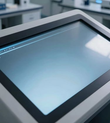 A conceptual photograph of a high-tech interactive touchscreen or console in a modern lab setting. The surface glows with soft sky blue light. Reflections of a clean, minimalist room in deep charcoal blue and mist white are visible on the glass.