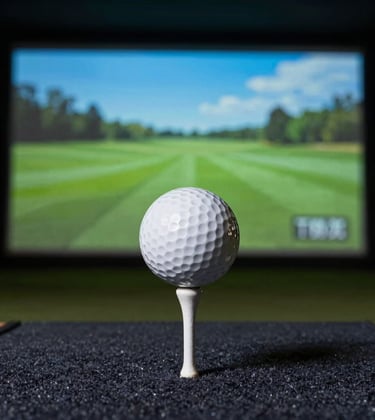 A close-up photograph of a golf ball on a tee inside a dark navy simulator bay. The background shows a digital screen displaying a lush green field under a steel blue sky.