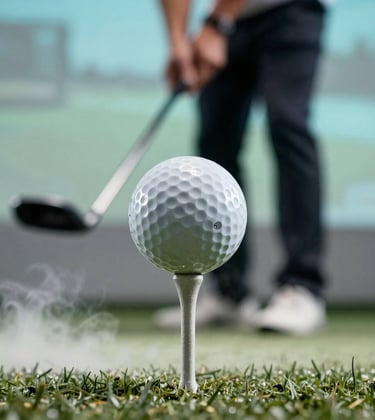 A close-up, sharp photograph of a golf ball on a tee inside a high-tech simulator. In the blurred background, a person holds a club. The scene is illuminated with muted teal blue and crisp mist white light, creating a premium and tech-focused atmosphere.