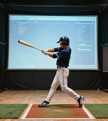 Photography of a modern indoor baseball batting cage. An athlete is captured mid-swing. The background features a large digital tracking screen with soft sky blue data visualizations. The lighting is clean and energetic, emphasizing movement.