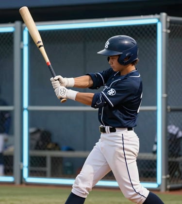 An action shot of a person in athletic gear swinging a baseball bat. The motion is captured with crisp lighting in a modern cage with light blue neon accents.