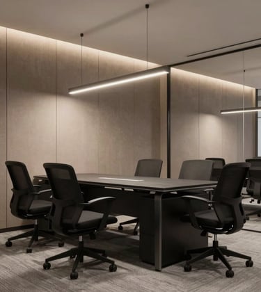 A luxury commercial office space in Bhopal, featuring matte black ergonomic furniture, taupe acoustic wall panels, and minimalist lighting. The design is clean, professional, and sophisticated.