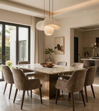An elegant South Asian / Indian villa dining area. A large marble table is surrounded by minimalist velvet chairs in taupe. A sculptural lighting fixture hangs from above. The room is filled with soft natural light, highlighting a warm beige interior that feels expensive and intentional.