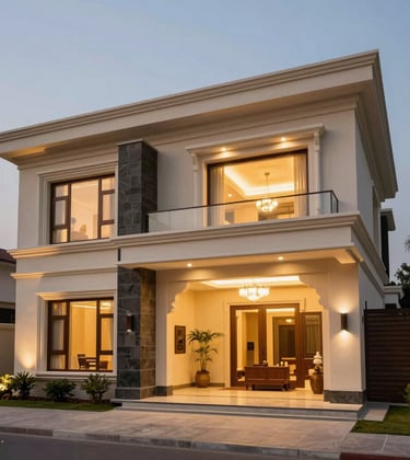 An exterior view of a modern luxury villa in Bhopal at dusk, with warm lights glowing from within against the ivory architectural lines and dark stone accents.