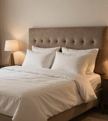 An elegant residential master bedroom in Bhopal, featuring a taupe upholstered headboard, ivory linens, and warm, soft lighting that creates a feeling of luxury and calm.