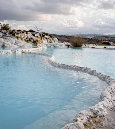 A tranquil scene of the natural mineral pools at Hierve el Agua. Soft blue water ripples gently against the calcified rock formations under a soft, overcast sky in Oaxaca, Mexico.
