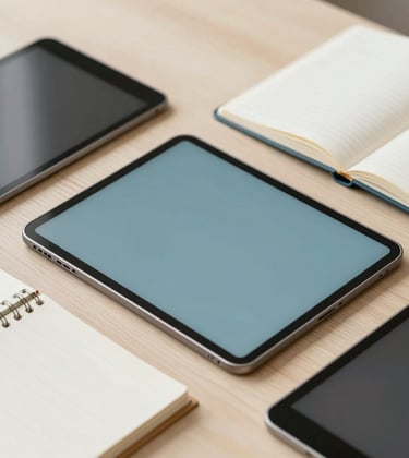 A flat-lay of digital tablets and physical research journals on a clean, light wood desk, representing thorough research and procurement. Soft lighting with muted blue #658BA3 and cream #F8F6F1 tones.